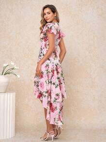 Ellevyn 女式 V 领裹身荷叶边袖花卉印花雪纺褶皱 A 字高低连衣裙，优雅日常浪漫春夏长裙 - 彩色 - 查看 3