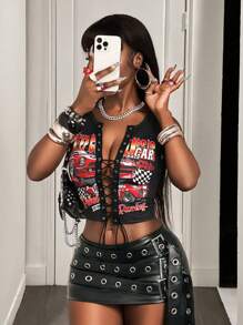 BamGleam 女式字母与汽车印花十字交叉设计短款性感吊带背心 - 黑色 - 查看 5