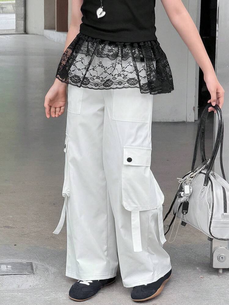 Girls 2 Pieces Set: Black Sleeveless T-Shirt & High Waist White Loose Straight-Leg Pants, Summer