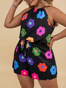 Travachic Plus Size Women Floral Print Waist Tie Halter Romper - Multicolor - View 4