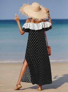 Breezaya Plus Size Women's Vacation Polka Dot Print Ruffle Off Shoulder Side Slit Maxi Dress