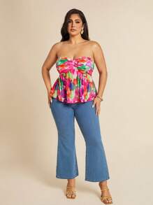 SHEIN BAE Plus Size Women Floral Print Summer Beach Resort Holiday Backless Bowknot Strap Top, Fourth Of July Women,4th Of July,4th Of July Curve, Vacation,Vacay,Club Women Sexy,Birthday,Airport,Graduation