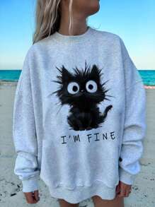 SHEIN EZwear Casual Minimalist Printed Cute Funny Fluffy Kitten & Letter Graphic Loose Crew Neck Long Sleeve Hoodie Sweatshirt For Women, Suitable For Spring Break, Y2K Style Autumn And Winter - Light Grey - View 6