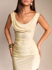 Glamine 女士纯色短款性感低胸垂坠领迷你连衣裙