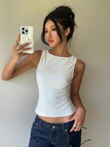 Aloruh 女士通勤日常露背蝴蝶结圆领无袖衬衫 - 白色 - 查看 8