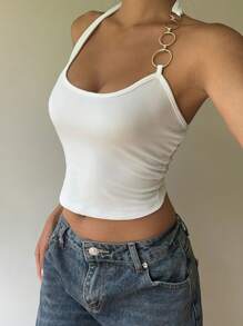 Aloruh 1 件女式白色无袖露背吊带夏季背心，带链条装饰 - 白色 - 查看 4