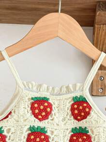 SHEIN Baby Girl 0-3 Years Spring/Summer Cute Textured Fabric Crochet Checkered Breathable Strawberry Fruit Overall Jumpsuit, Beige - Multicolor - View 6