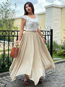 Dazy Plus Váy suông màu trơn cạp chun viền không đối xứng dáng rộng rãi thanh lịch - Màu be - Xem 9