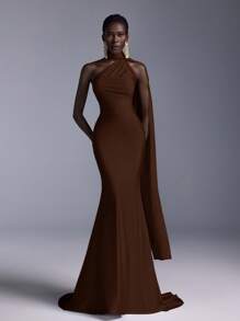Elitara Elegant, Glamorous, And Stylish, This Coffee-Brown Knit Dress Features A Deep Backless Design, A Flowing Ribbon Neckline, And A Fitted Mermaid Silhouette With A Long Train. Suitable For Formal Occasions Such As Weddings, Cocktail Parties, Balls, And Elaborate Evening Gowns. - Brown - View 3
