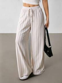 SHEIN PETITE Women's Striped Drawstring Waist Wide Leg Loose Casual Pants, For Daily Wear, Suitable For Spring, Summer And Autumn, French Holiday - Apricot - View 10