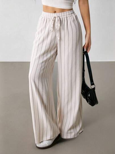 SHEIN PETITE Women's Striped Drawstring Waist Wide Leg Loose Casual Pants, For Daily Wear, Suitable For Spring, Summer And Autumn, French Holiday