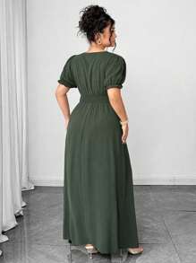 SHEIN Clasi Plus Size Women's V-Neck Puff Sleeve Solid Color Waist Cinched Long Slit Maxi Dress, Elegant & Dignified, Spring/Summer