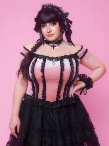 ROMWE Kawaii Camicia da donna di stile gotico vintage con bordo in pizzo a contrasto, stile palazzo, croce in velluto, taglie comode - nero - Visualizzare 3