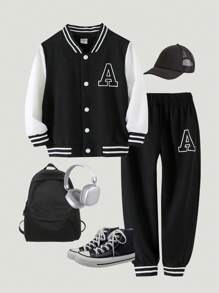SHEIN Genkimix Kids 2pcs/Set Young Boys' Collegiate Style Outfit - Black Knit Top With White Sleeve Panels & Large Letter A Print, Paired With Matching Printed Sweatpants, Ribbed Collar, Cuffs And Hem, Elastic Waist For Comfort, Casual & Sporty Look Suitable For Spring/Autumn, Daily Wear, School, Travel, Holiday, Relaxation, Sunbathing, Summer - Black - View 8