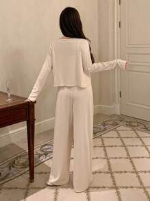 DAZY 3pcs/Set Wave Trim Decor Bowknot Camisole Top & Straight Hem Pants & Open Front Top Lounge Set, Cozy Outfits, Fall Winter Clothes - Beige - View 2