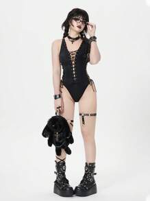 ROMWE Goth 女式朋克摇滚风格金属索环系带连体泳衣，万圣节 - 黑色 - 查看 5