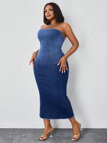 Slaydiva 加大码女式波西米亚风牛仔弹力性感抹胸连衣裙，优雅夏日度假装 - 藍色 - 查看 4