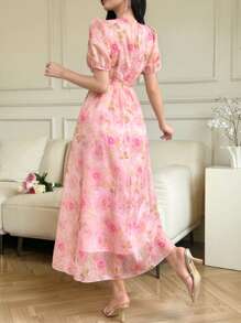 Modelyn Women V-Neck Short Sleeve Floral Print Mid-Calf Length Dress