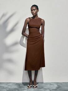 Lumivelle Summer Metal Ring Decor Waist Ruched Sleeveless Dress - Coffee Brown - View 3
