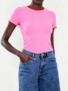 Lumivelle Camiseta casual deportiva de cuello redondo y manga corta con ribete de contraste para mujeres