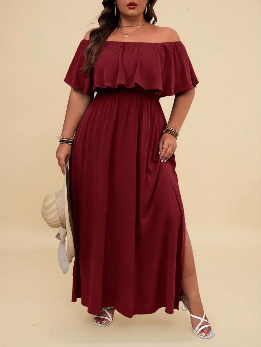 Travachic Plus Size Holiday Ruffle Ruffle Trim Dress,Beach Dress Sundress,Holiday Outfits Boho - Burgundy - View 1