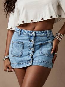 MISSGUIDED Minifalda vaquera con botones y bolsillos con parche, moda de verano para festivales con efecto desgastado, fondo vaquero informal
