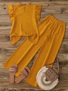 Elouméa Women Golden Yellow,Summer,Boho,Casual,Vacation,Holiday 2Pcs Set,Ruched Ruffled Collar Cap Sleeve Shirt & Elastic Waist Straight Leg Ankle Pants - Yellow - View 2