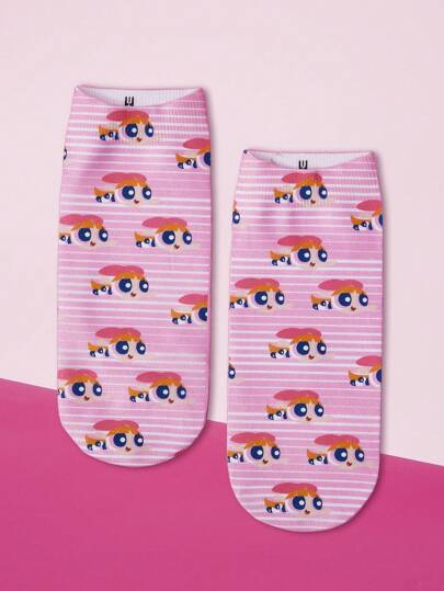 THE POWERPUFF GIRLS X SHEIN 1 par de calcetines cortos rosas con estampado de rayas y dibujos animados