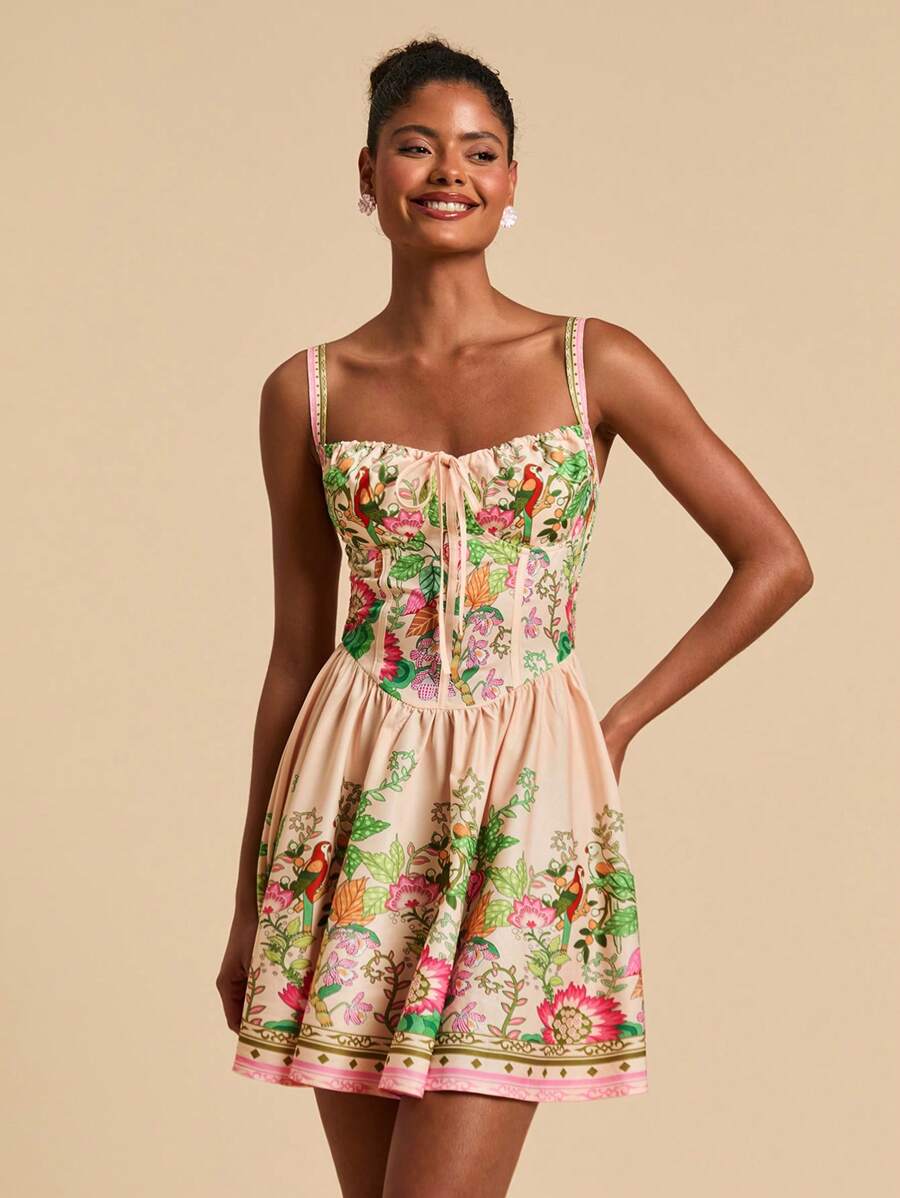 Travachic 女式花卉印花前系带细肩带浪漫度假连衣裙，女士度假装，女士度假装，海滩度假装，女士夏季装，女士夏季连衣裙，女士连衣裙，夏季连衣裙