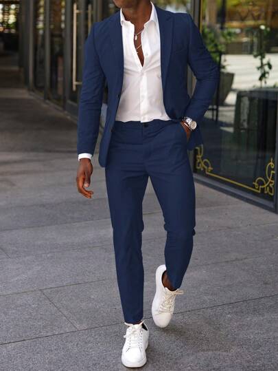 Manfinity Mode Conjunto de chaqueta y pantalones de traje casual de negocios de unicolor de manga larga para hombres. Traje casual para hombres, traje formal para hombres.