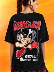 Astro Boy X SHEIN Camiseta negra suelta para mujer, con estampado de dibujos animados, neutra, casual, de verano - Negro - Ver 3