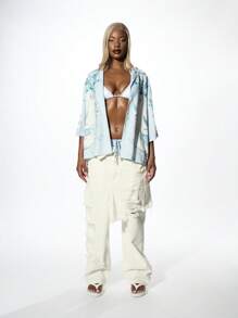 SUMWON WOMEN Blusa tipo resort con estampado de ángel, camisa abotonada, cubre-traje de playa de verano, ligera y oversize, con alas etéreas - Multicolor - Ver 3