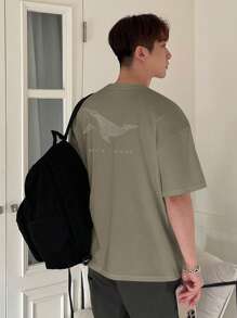 DAZY 男士休闲字母印花短袖T恤，夏季，返校服 - 軍綠色 - 查看 3