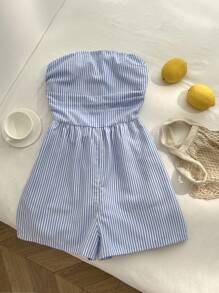 Elamini 女式条纹休闲宽松腰部连体衣 - 藍色 - 查看 3