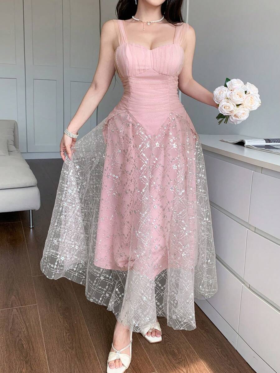 DAZY Vestido sin mangas con parches de lentejuelas para mujer, vestido de gala de lujo