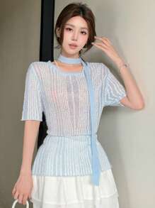 DAZY Women's Contrast Color Crochet Hollow Out Lace Mesh Pullover Short Sleeve Knitted Top With Tie Details, Spring/Summer - Blue - View 6