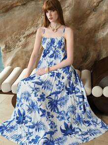 SHEIN LUNE Robe de plage d'été de haute qualité à volants fleuris pour femmes, bleu français, pour les vacances - Bleu et Blanc - Voir 1