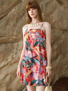 Chiquease Vestido corto casual de mujer con estampado de plantas tropicales, atuendos de verano y vacaciones, atuendos de playa para mujer, atuendos de Hawái para mujer, vestidos de playa, vestido floral para mujer, estampado de océano, vestidos de verano para mujer, ropa bohemia para mujer, atuendos de vacaciones en la playa - Rojo - Ver 6