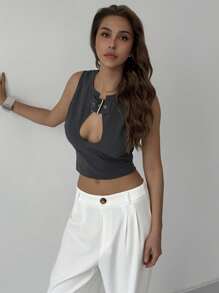 Aloruh Nueva Camiseta de Tirantes Ajustada con Cuello Redondo, Decoración con Hebilla y Recortes Sexy, para Salir - Gris - Ver 6