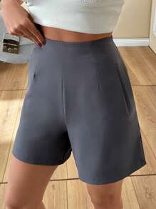 SHEIN Cottnline Women Solid Color Pocket And Zipper Detailed Grey Color Shorts Women Short Outfits - Grey - View 5
