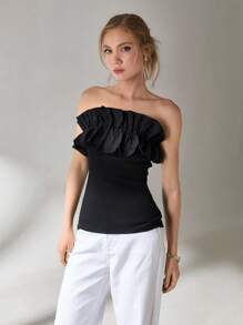 Solid Y2k Cotton Ruffle Trim Tube Top - Black - View 5