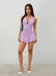 SHEIN PETITE 女款掛脖高彈性腰 A 字擺緊身連身褲，附荷葉邊，適合嬌小女性 - 淡紫色 - 查看 3