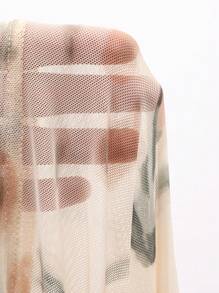 DAZY Áo kiểu nữ dài tay Encore màu đỏ in hoa toàn thân, khoét lưng, dây rút buộc phía trước, phối lưới tương phản, thích hợp cho mùa thu và lễ Phục sinh. - Màu be - Xem 8