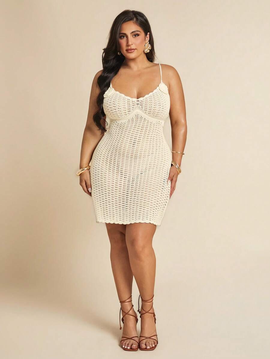 SHEIN BAE Vestido de punto sin mangas con decoración floral 3D para mujer de talla grande, vestidos para mujer, ropa de San Valentín, atuendos de vacaciones, atuendos de verano para mujer, vestidos blancos de verano para mujer, vestidos de verano para mujer, atuendos de playa para mujer, ropa occidental para mujer, atuendos de cumpleaños para mujer