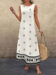 EMERY ROSE 女士复古纹理印花圆领休闲背心裙，女士夏季连衣裙