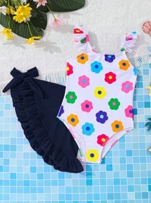 SHEIN 2件套纯色碎花针织连体泳衣（含裙子），适合小女孩 - 藍色 - 查看 1