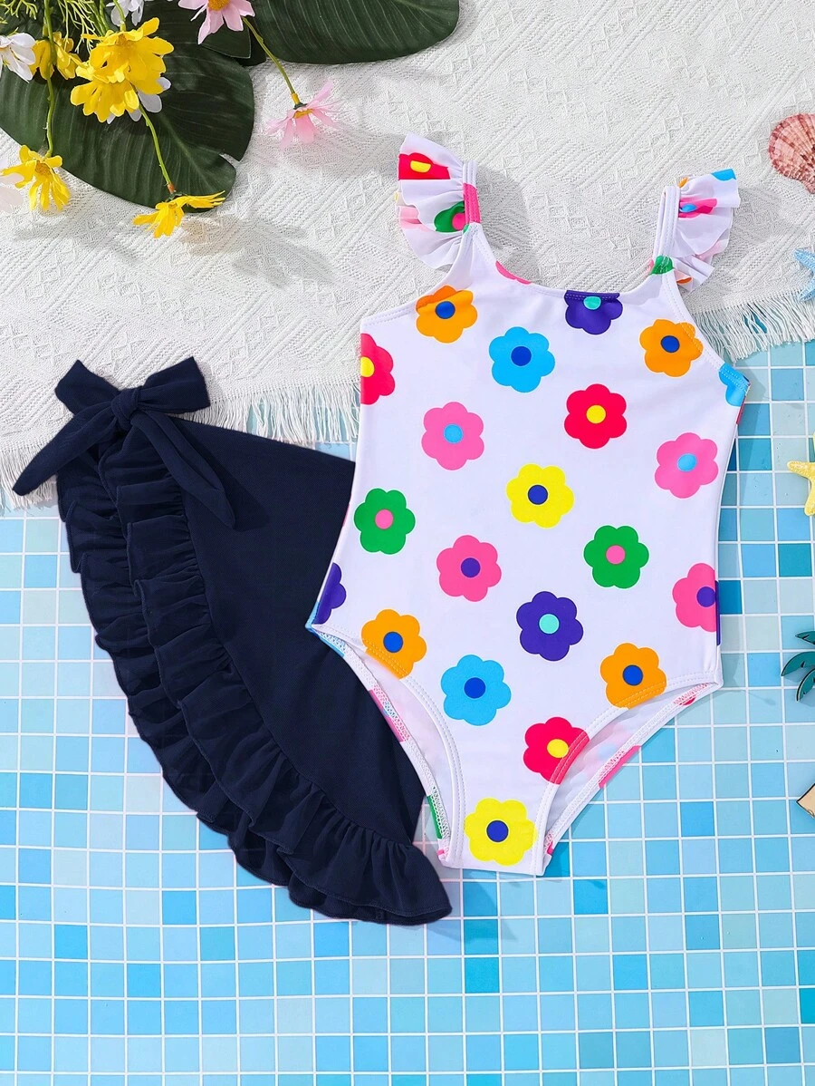 SHEIN 2件套纯色碎花针织连体泳衣（含裙子），适合小女孩 - 藍色 - 查看 1