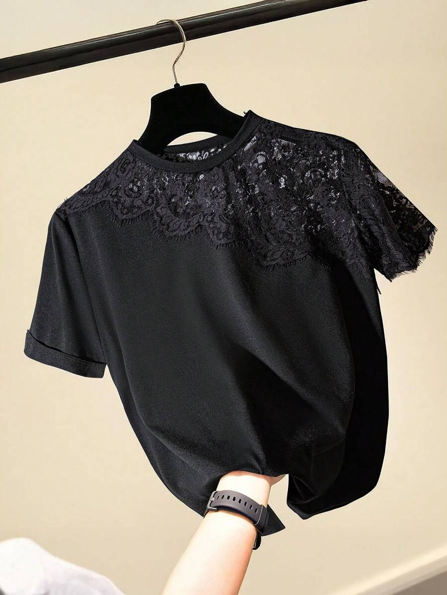 SHEIN Clasi Áo thun nữ cổ tròn tay raglan màu trơn có miếng vá ren, mùa hè - màu đen - Xem 1