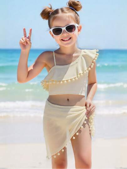 Young Girl Solid White Beach & Holiday Cute Swimwear Set