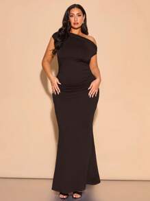 SHEIN BAE Váy maxi xếp nếp bất đối xứng cỡ lớn dành cho nữ, trang phục thanh lịch khi đi chơi, dự tiệc, hẹn hò, câu lạc bộ, Halloween, ngày lễ tình nhân, trang phục dự tiệc cưới, xuân/hè, váy maxi - Cà phê nâu - Xem 4